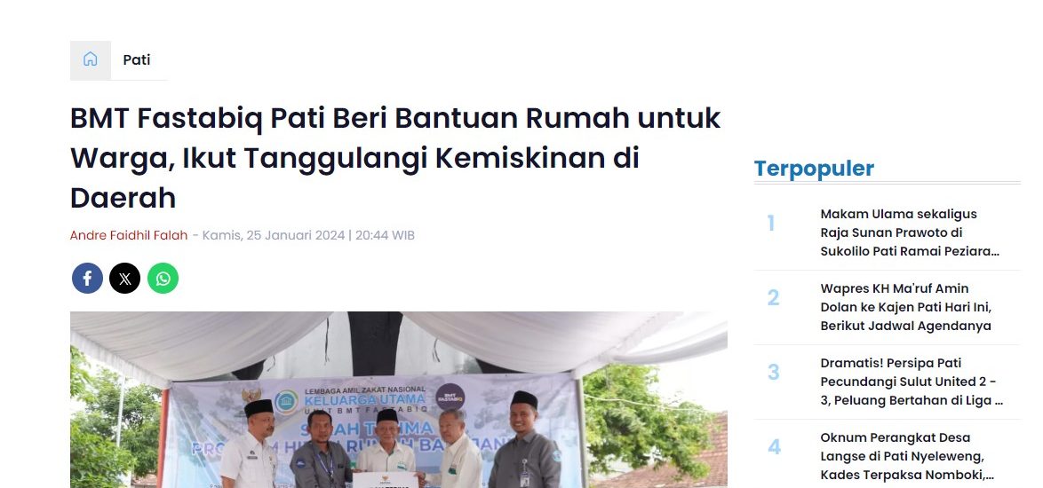 BMT Fastabiq Pati Beri Bantuan Rumah untuk Warga, Ikut Tanggulangi Kemiskinan di Daerah